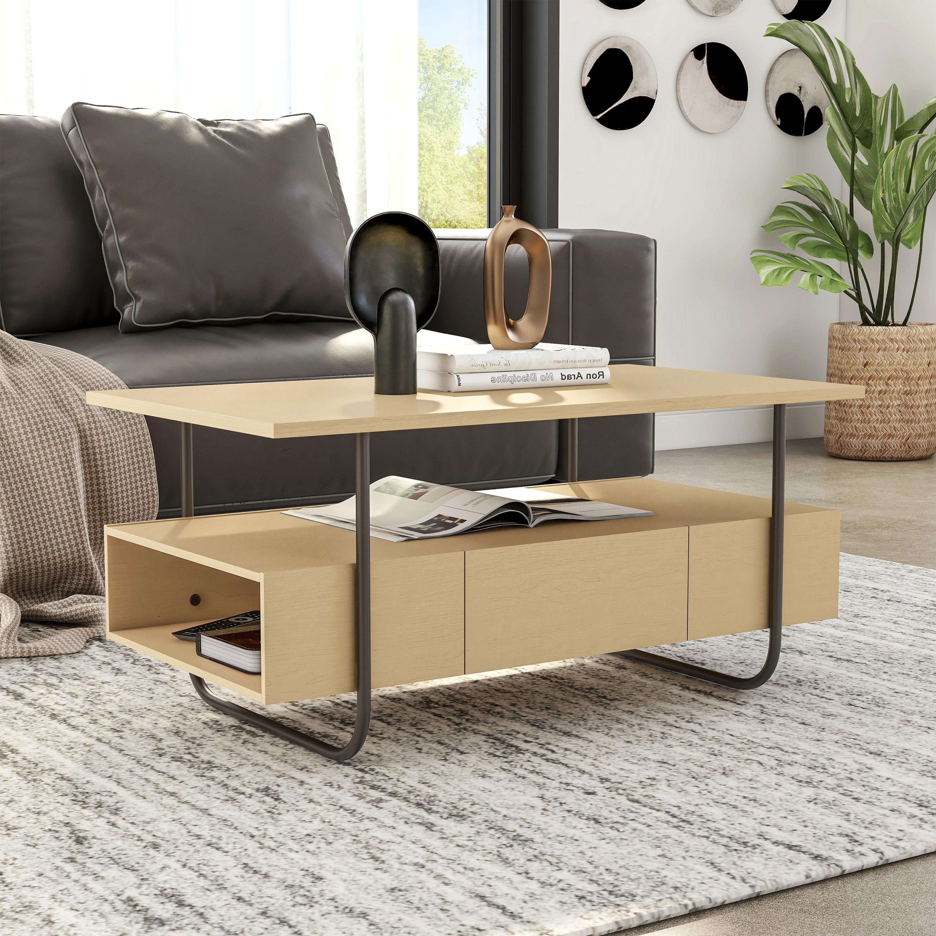 DH BASIC Modern Light Maple 36 inch Coffee Table with Metal Legs by Denhour