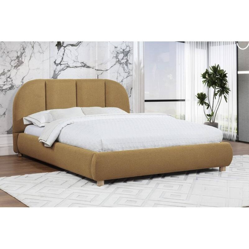 Soft Burlap Fabric Queen Platform Bed Frame, Golden Brown, Modern Design - Brown+Gold