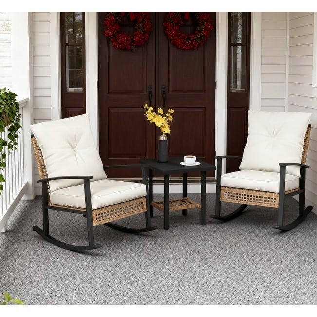GDFStudio - Oliver Classic Patio Wicker Rocking Chair Set with Coffee Table - Wicker Furniture Set