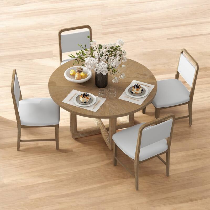 5-Piece Round Dining Table Set for 4 with Upholstered Chairs and Radial Wood Grain Design, Perfect for Dining Room and Kitchen