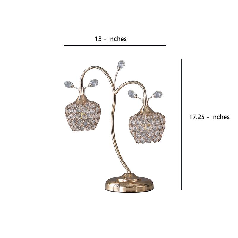 Floral Tree Design Metal Table Lamp with Dome Shade and Crystals, Gold