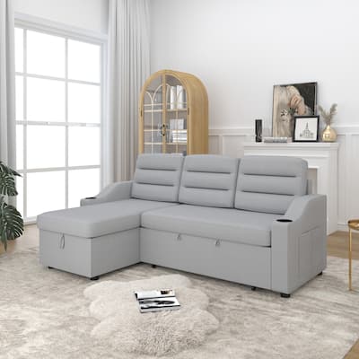83.5'' Polyester Convertible 3 Seater Sleeper Sofa Couch with Pull-Out Bed, Storage Recliner, Cup Holder, and Side Pockets