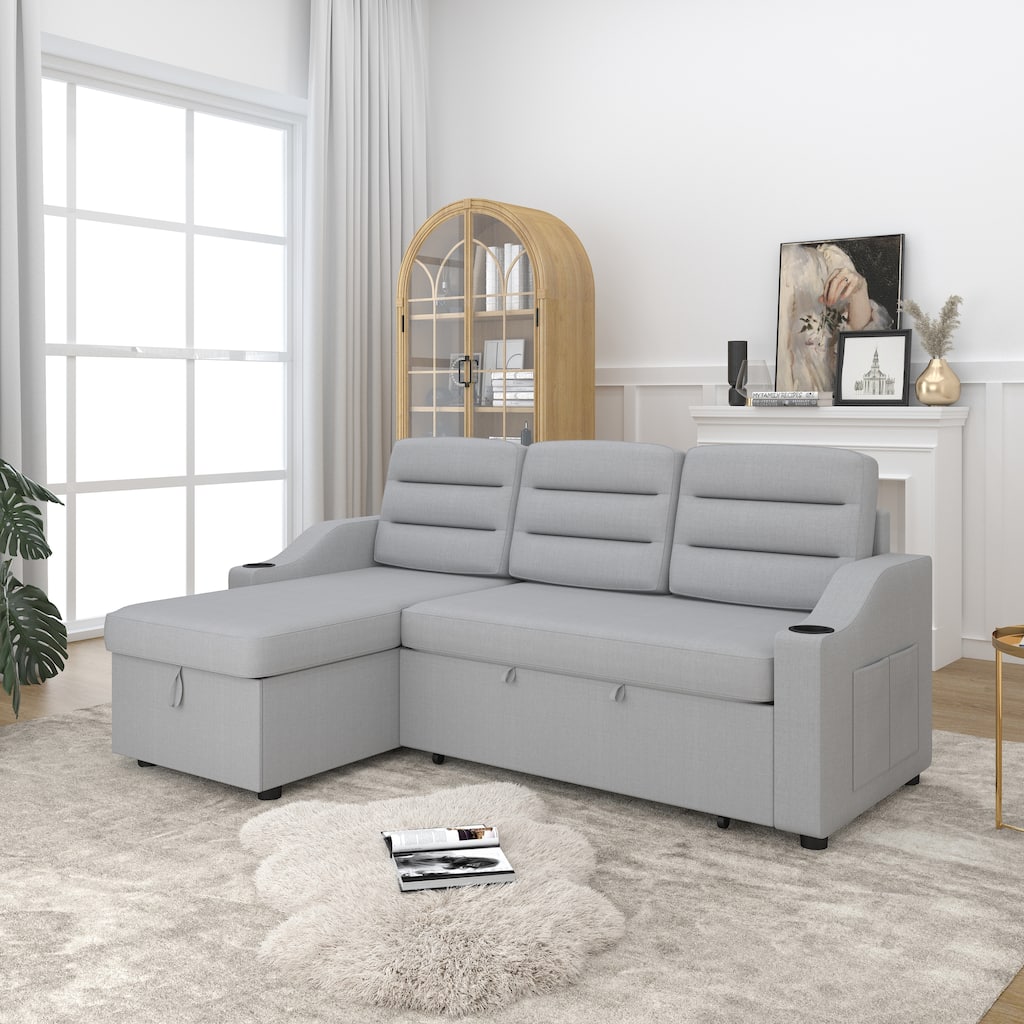 83.5'' Polyester Convertible 3 Seater Sleeper Sofa Couch with Pull-Out Bed, Storage Recliner, Cup Holder, and Side Pockets