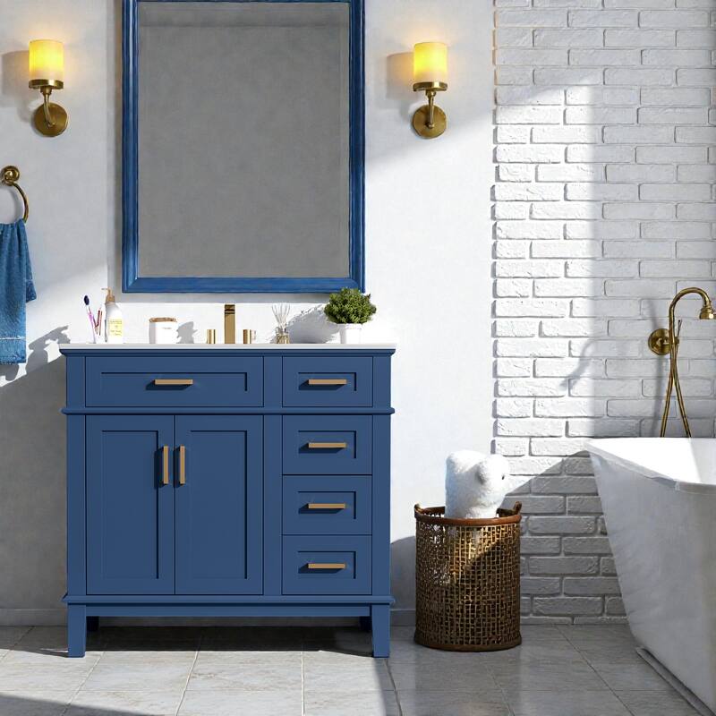 36 Inch Modern Bathroom Vanity with Ceramic Sink, Freestanding Cabinet with Soft Close Doors and 4 Drawers