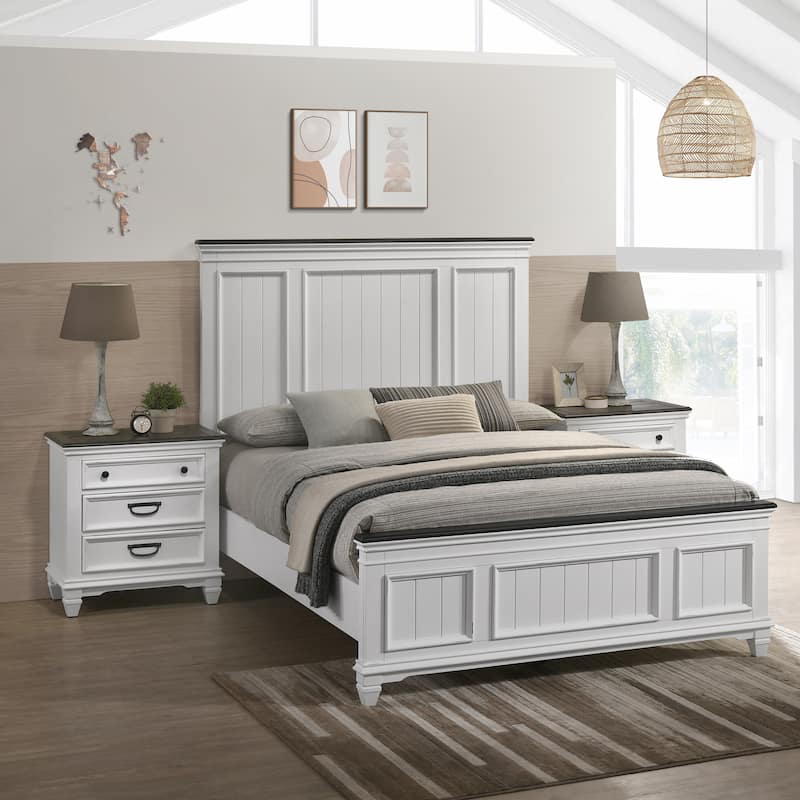Roundhill Furniture Clelane 3-Piece Wood Bedroom Set, Shiplap Panel Bed and 2 Nightstands