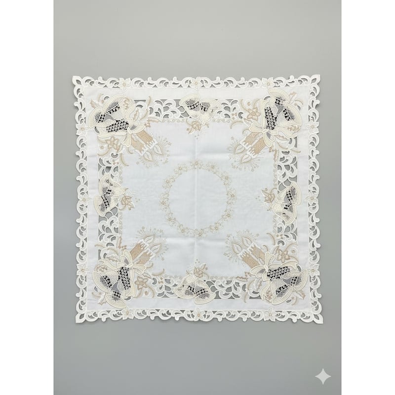 Christmas Candle Beige Lace Embroidered Cutwork Square tablecloth, 36 inch Square
