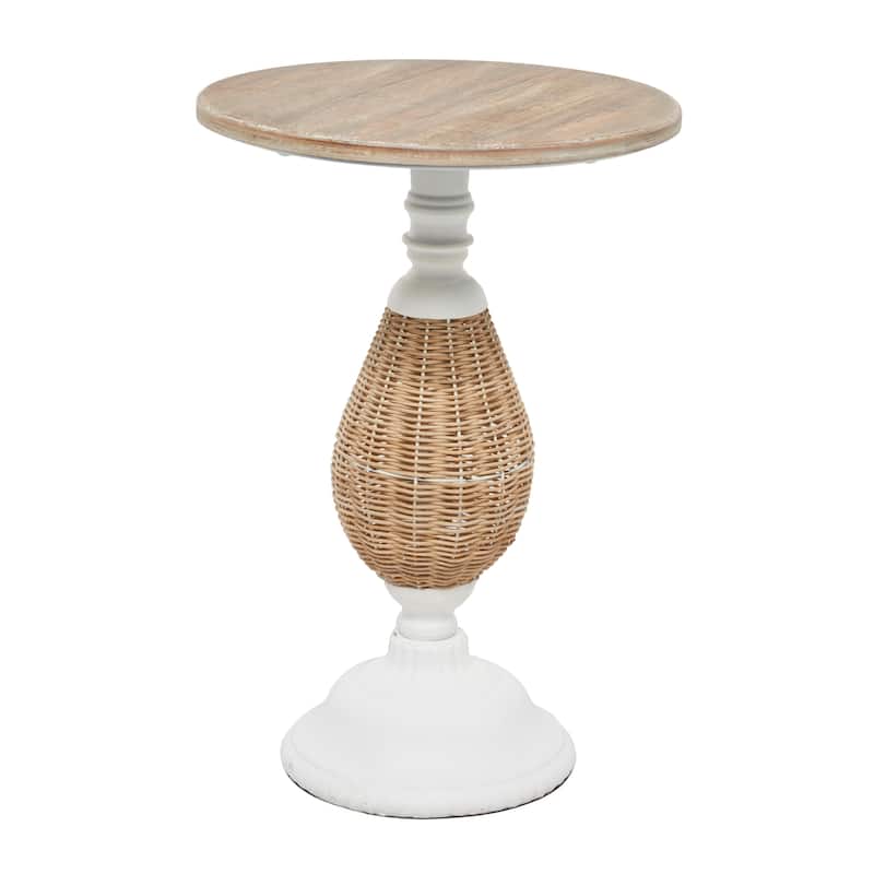 Brown or White Wood Farmhouse Accent Table with Black Metal and Rattan Base - 15"L x 15"W x 22"H
