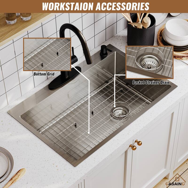 Stainless Steel Sink 33 in. 16-Gauge Single Bowl Drop-In Kitchen Sink with Bottom Grid and Drainer - 33" x 22"