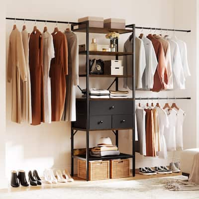 Moasis 5-Tier Wood Clothes Rack Expandable Hanger Rods with 3 Drawer