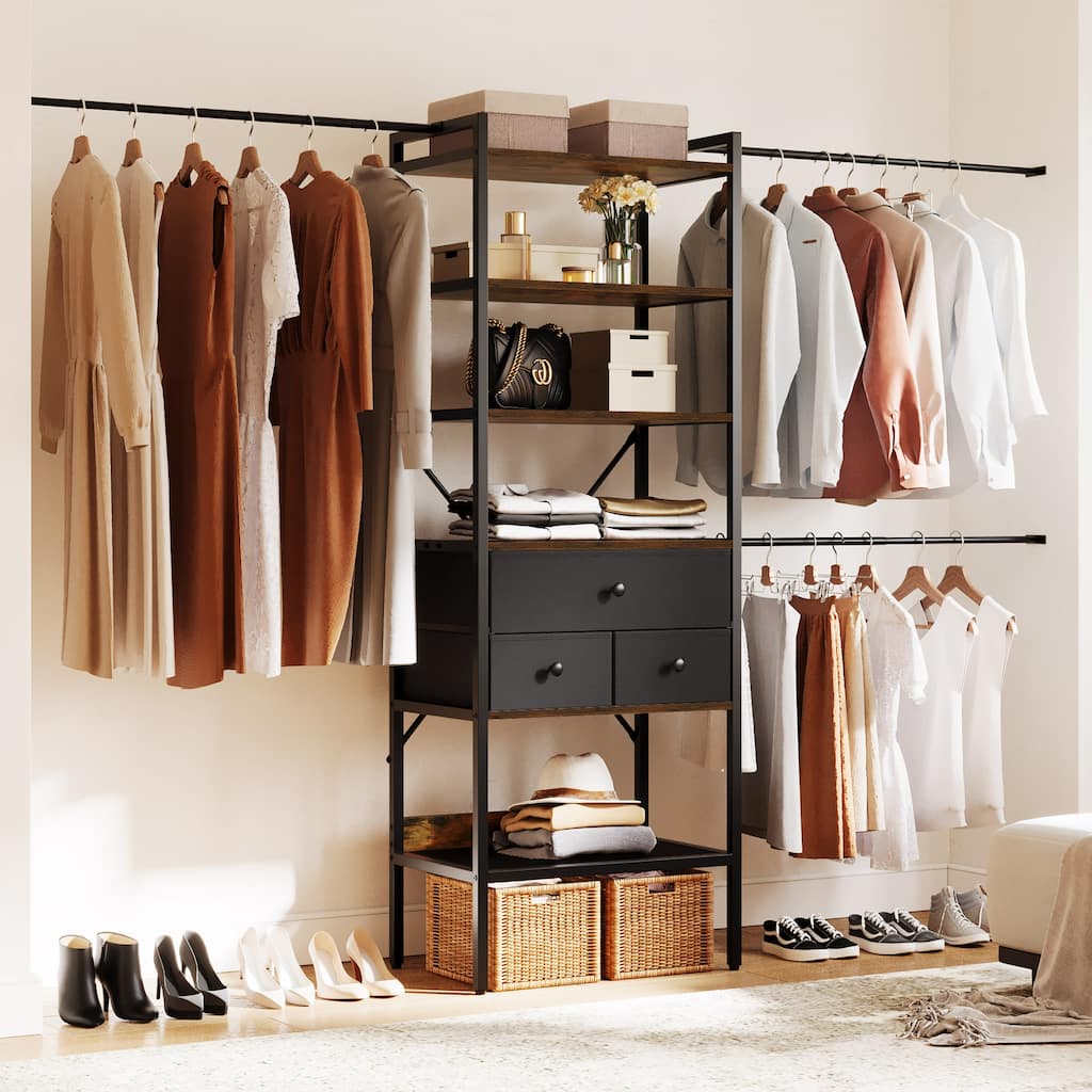 Moasis 5-Tier Wood Clothes Rack Expandable Hanger Rods with 3 Drawer
