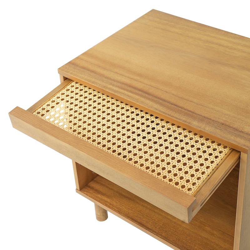 Christopher Knight Home - Farmhouse Wooden Nightstand with Swing-Up Rattan Door Storage Cabinet