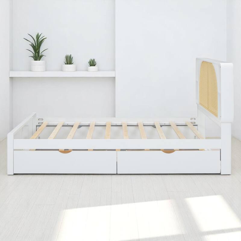 Queen Size Platform Bed with Rattan Headboard bed, 2 Drawers, Pull-Out Trundle bed, and Storage Compartments bed