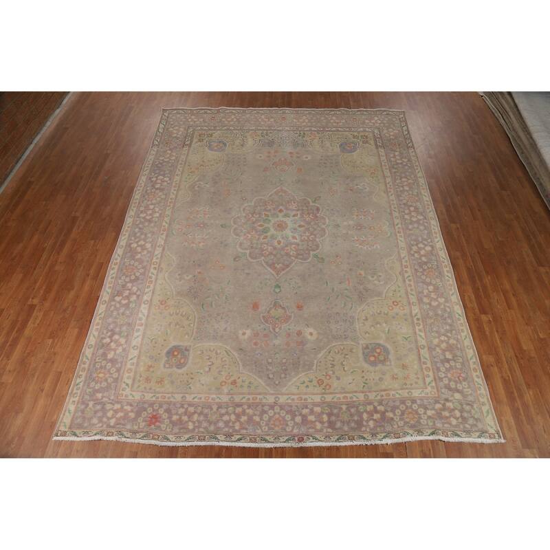 Distressed Brown Tabriz Persian Area Rug Hand-Knotted Wool Carpet - 9'8"x 12'11"