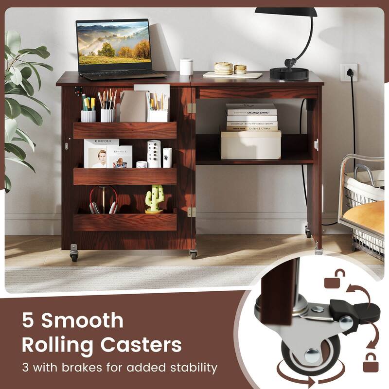 Costway Folding Sewing Machine Table Lockable Casters Rack with 3 - See Details