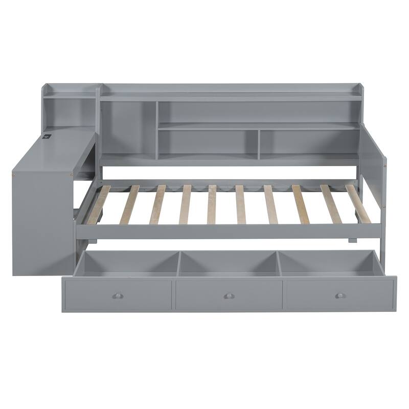 Gray Twin Size Wooden Daybed with 3 Drawers, USB Ports & Desk
