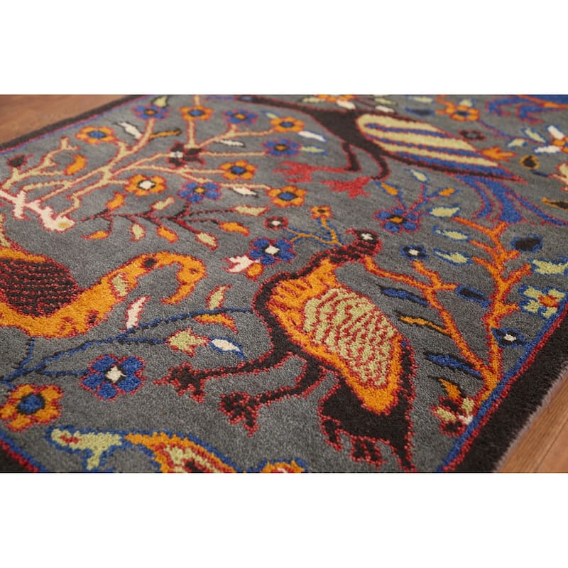 Animals Design Gray Ziegler Indian Accent Rug Hand-Knotted Wool Carpet - 2'11"x 4'11"