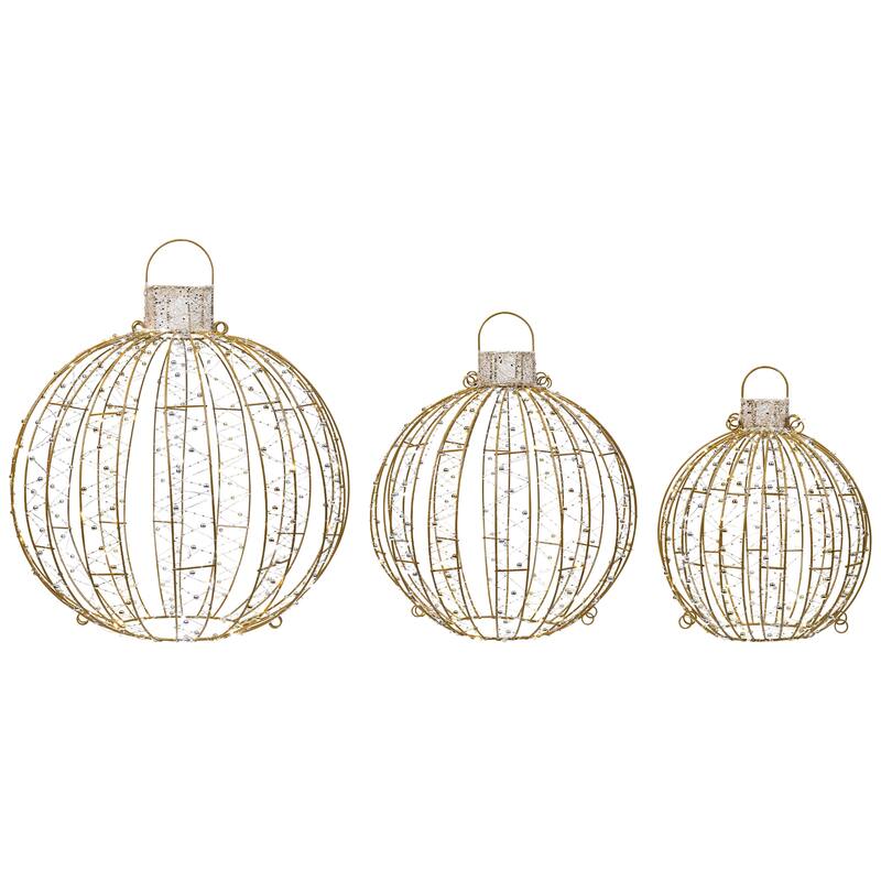LED Lighted 3D Beaded Ball Ornament Outdoor Christmas Decorations - Candlelight Clear - Set of 3 - Gold
