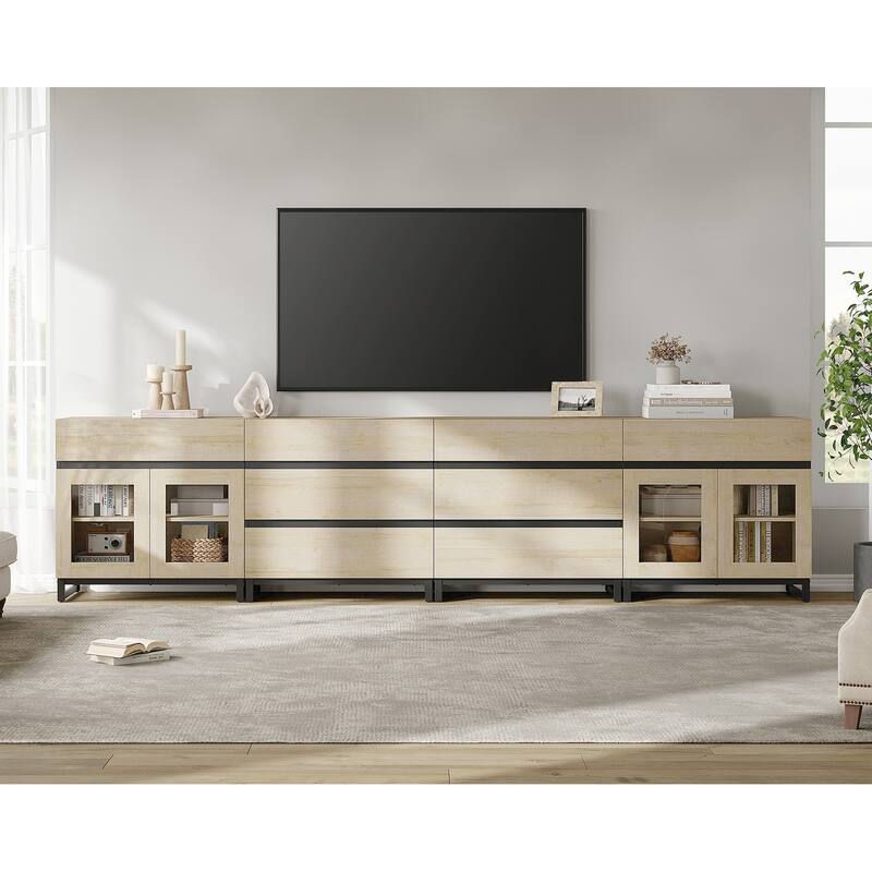 4-in-1 TV Stand for 120" TVs, Modern Console with Glass Doors & 8 Drawers