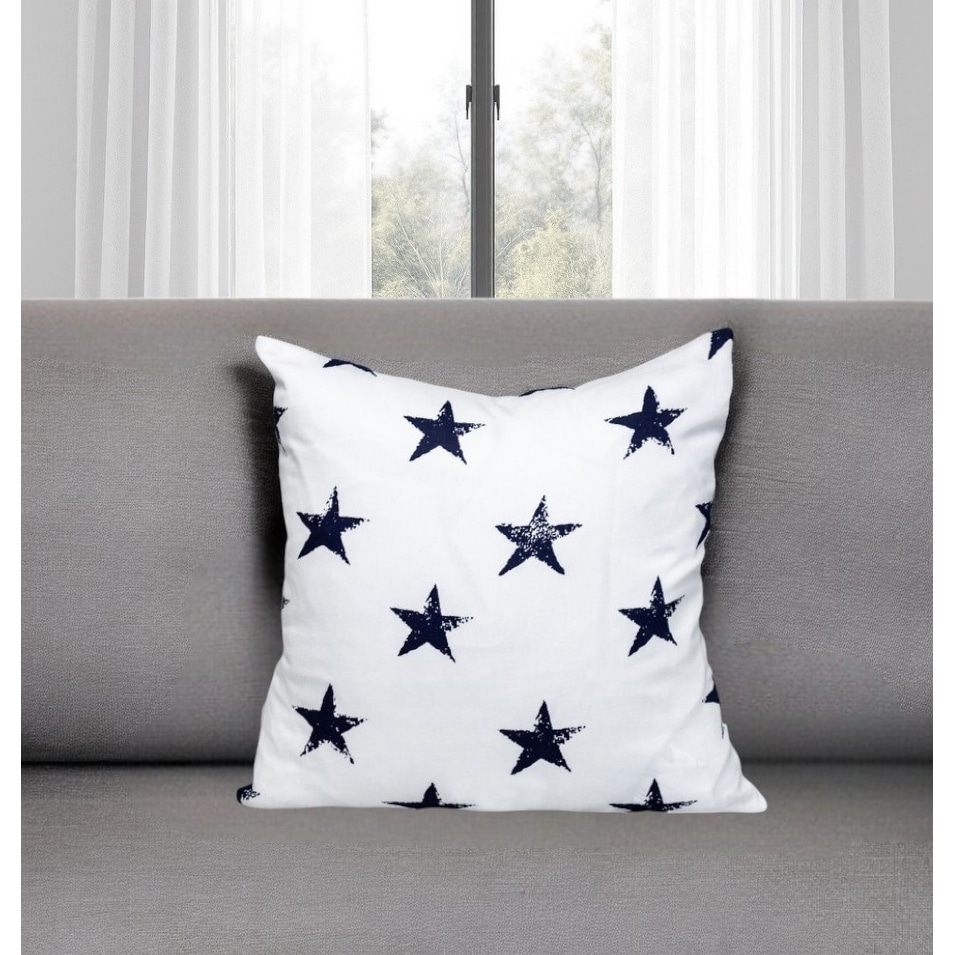 16" White and Blue Star Cotton Throw Pillow