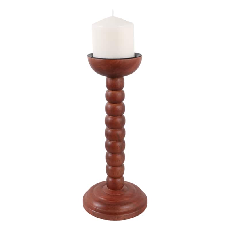 Wood Candle Holder Sculpted Round Base and Turned Detailing Accent