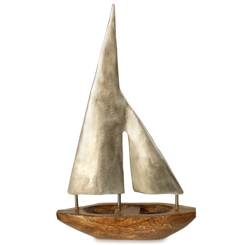 Small Pewter Sails - Natural Stained Wood Base Boat Sculpture with Pewter Metal Sails
