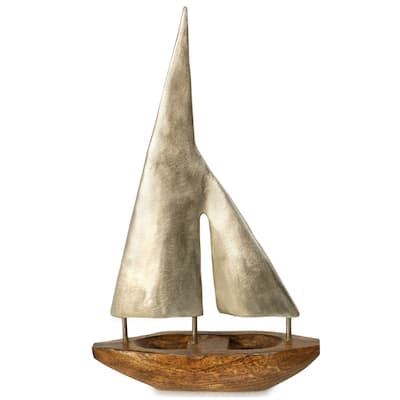 Small Pewter Sails - Natural Stained Wood Base Boat Sculpture with Pewter Metal Sails