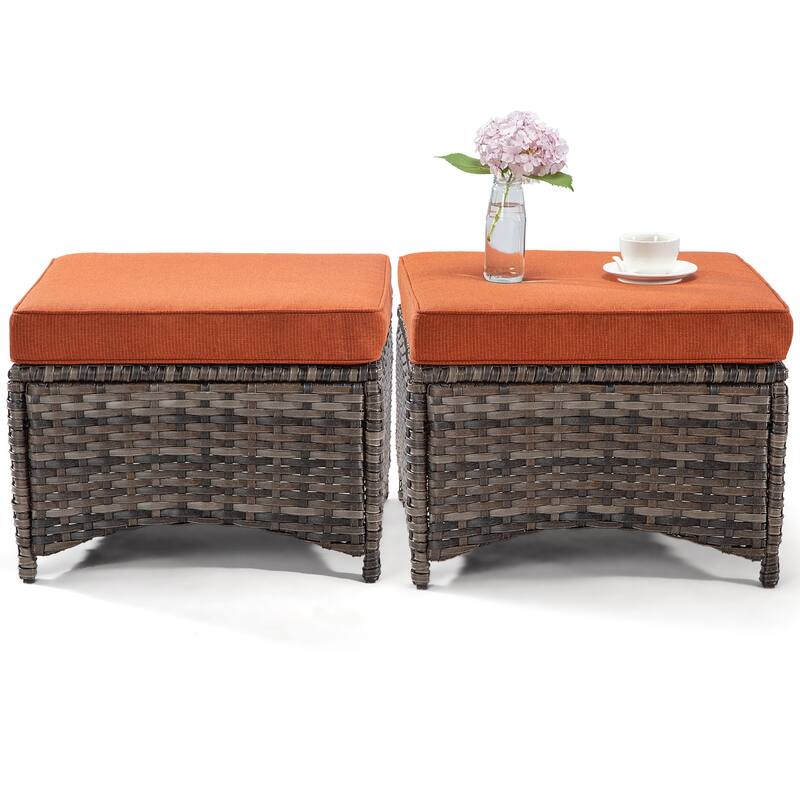 Cozywor 2-Piece Wicker Outdoor Patio Ottoman Set with Cushions