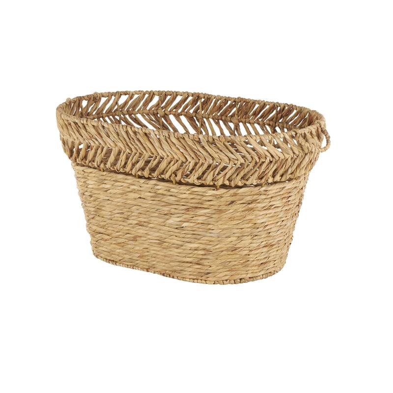Brown Seagrass Handmade Large Woven Oval Decorative and Functional Storage Basket with Zig Zag Patterned Rim