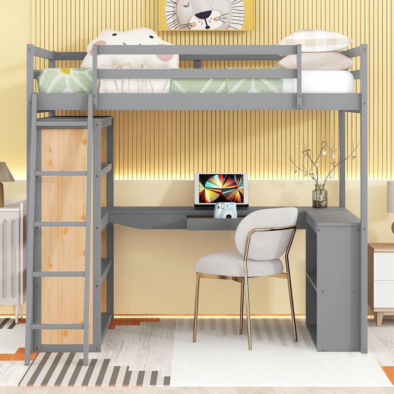 Wood Twin/Full Size Loft Bed with Built-in Desk and Shelves, Twin/Full Bedframe w/Full-Length Guardrails, for Kids Teens Adult - Gray - Full