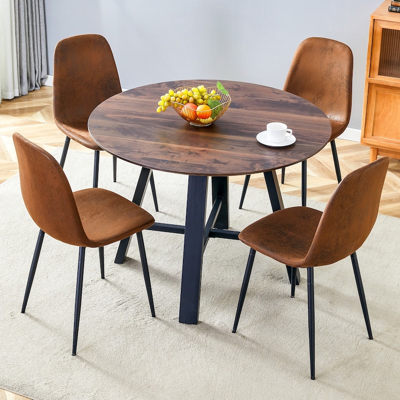 42" Round Dining Table Set for 4, 5-Piece Modern Dining Room Table with 4 Linen Chairs, Small Space Circle Dining Furniture