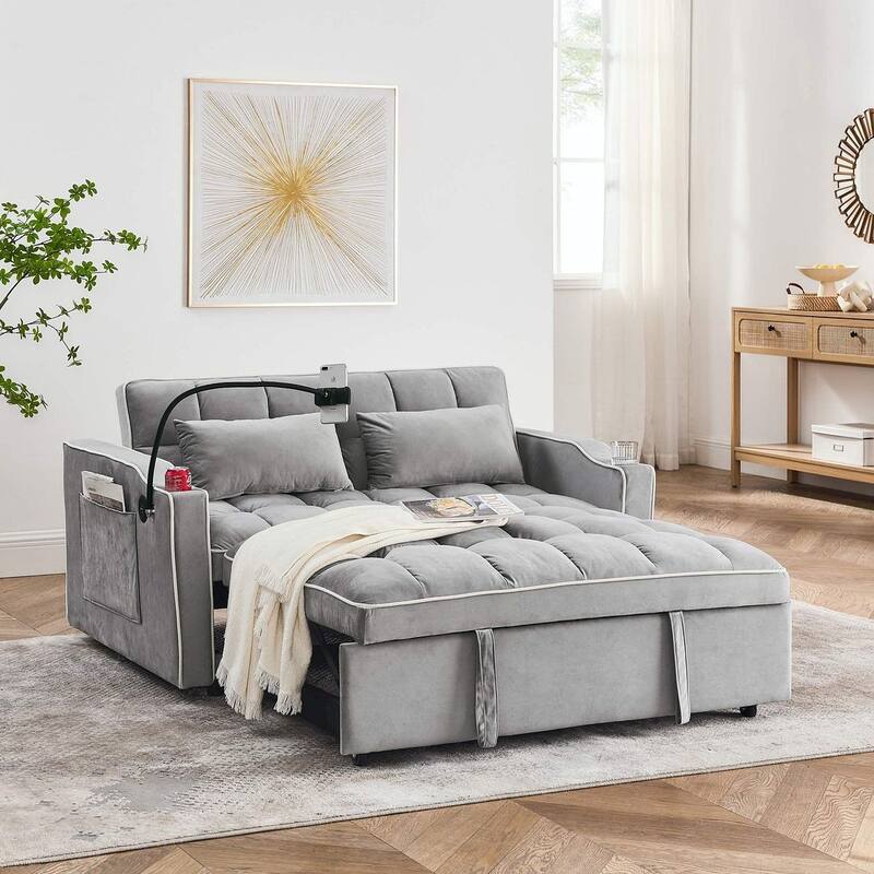 55.51'' Modern Versatile Foldable Sofa Bed With Adjustable Back and USB Port and Ashtray and Swivel Phone Stand - Grey