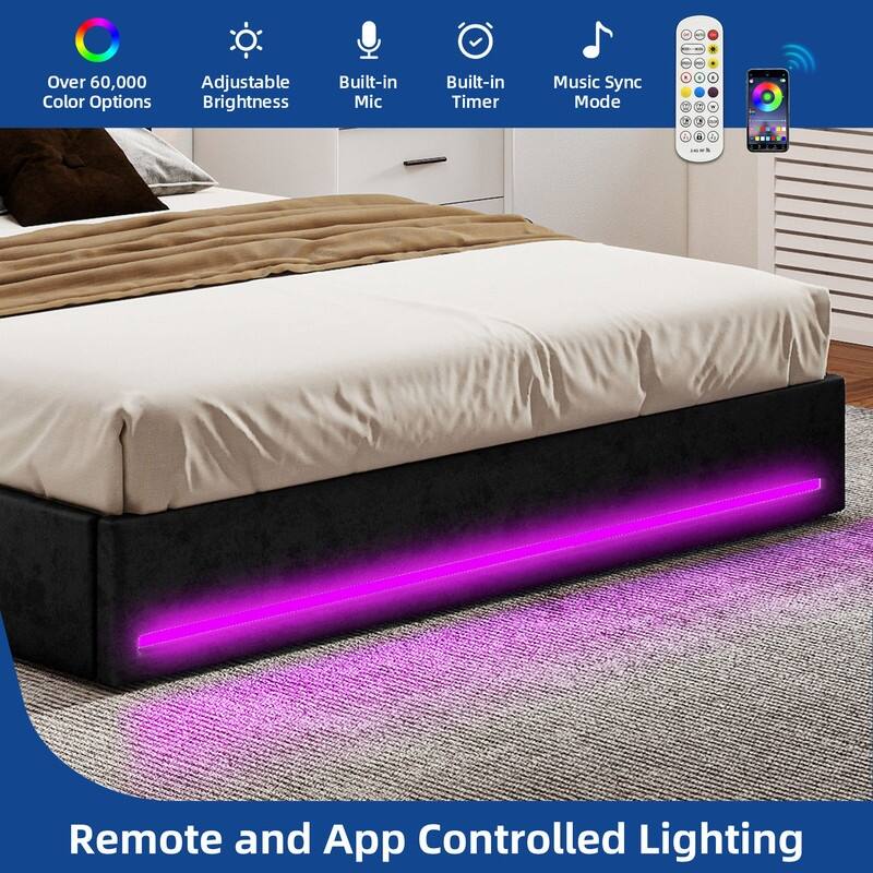 Moasis Queen Size Velvet Upholstered Bed Frame with 4 Storage Drawers & RGB Lights
