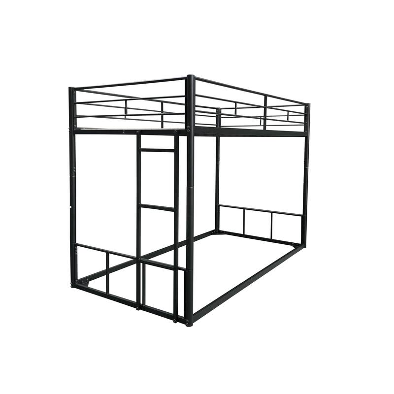 Twin Bunk Bed Low Metal Floor Bunk Bed with Built-in Ladder, High Guardrail