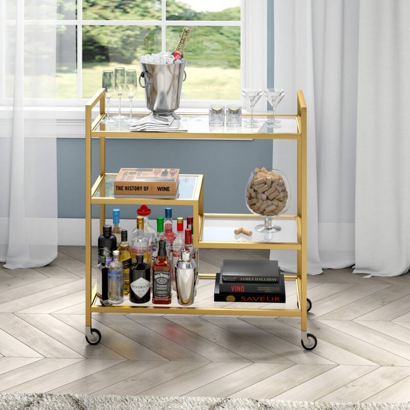 Modern 2-Tier Rolling Serving Steel and Glass Bar Cart with Wheels for Kitchen and Living Room - 33" x 14" x 36"
