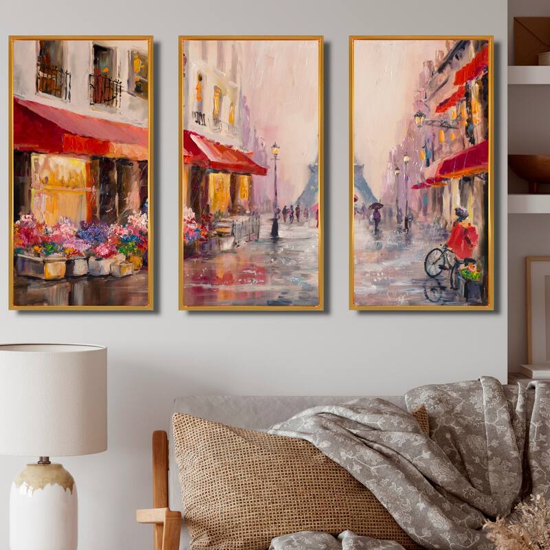 Designart "Lovers in Paris Eiffel Tower " Cityscape Framed Art Set of 3 - 4 Colors of Frames - 36 in. wide x 20 in. high - 3 Panels - Gold