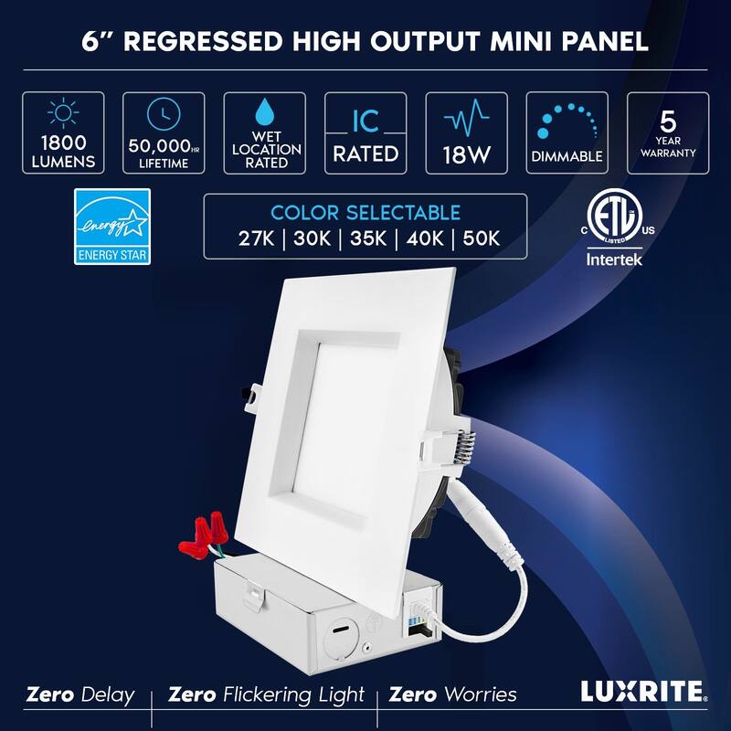 Luxrite 6" Square LED Recessed Ceiling Light J-Box 18W 5 Color Selectable 1800LM Dimmable Wet Rated IC Rated ETL - 1 Pack