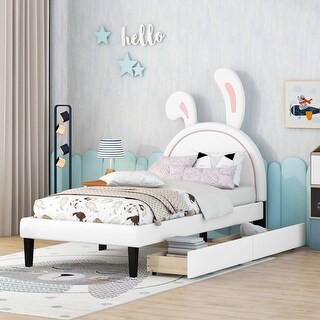 Twin Upholstered Leather Platform Bed with Rabbit Ornament Headboard & 2 Drawers Wooden Platform Bed for Kids Girls/Boys