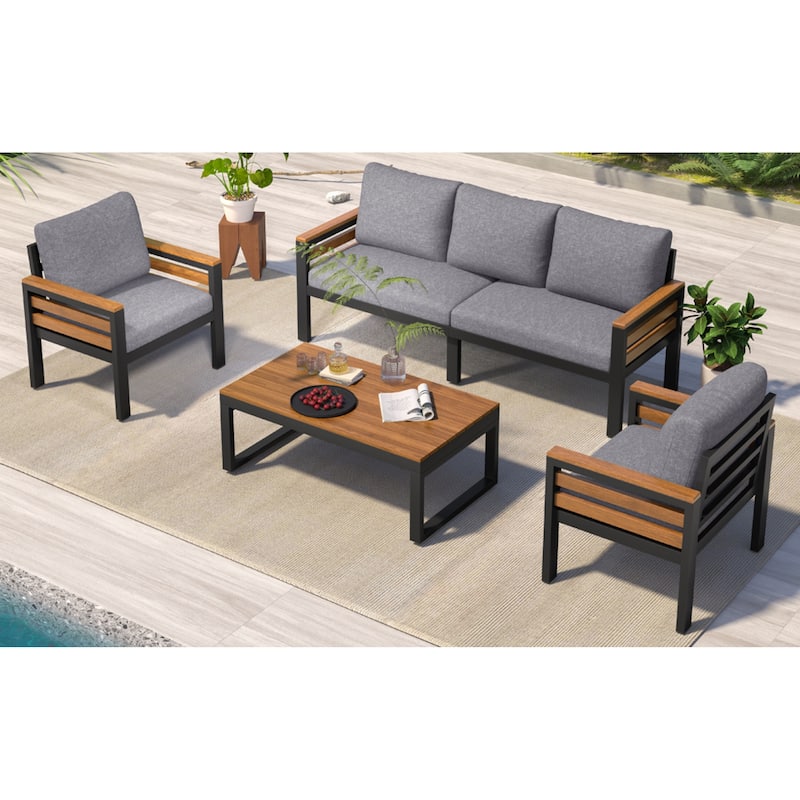 Roomfitters 4-Piece Outdoor Patio Furniture Set with 3-Seater Sofa, 2 Armchairs and Coffee Table, Wood Accents
