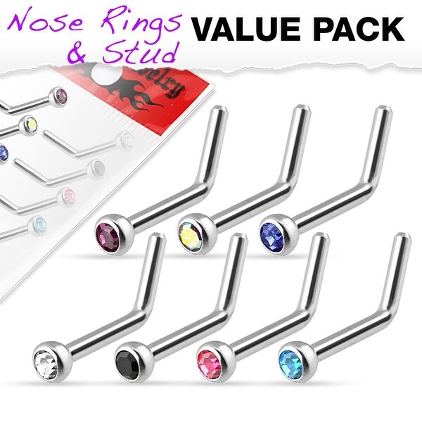 7 Pcs Value Pack of Assorted Press Fit Gem 316L Surgical Steel L Bend Nose Ring