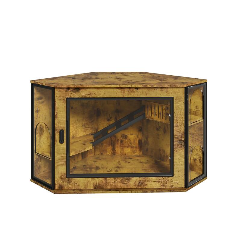 48" Corner Cat Litter Box Enclosure, Modern Hidden Litter Box Corner Cabinet with Acrylic Door and LED Light