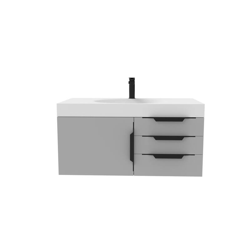 Thames 36" Shallow Basin Wall Mounted Bathroom Vanity Set w/ White Top - Grey - Matte