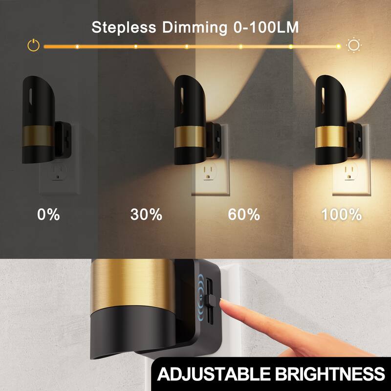YANSUN Set of 2 Plug-in Light Sensor Night Lights Bamboo Hollow Shade Wall Lamps Black&Copper Tone Warm 3000K Dimmable