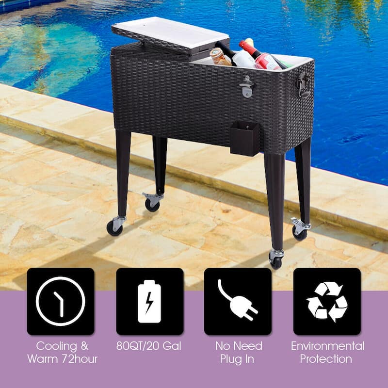 Costway Outdoor Rattan 80QT Party Portable Rolling Cooler Cart Ice