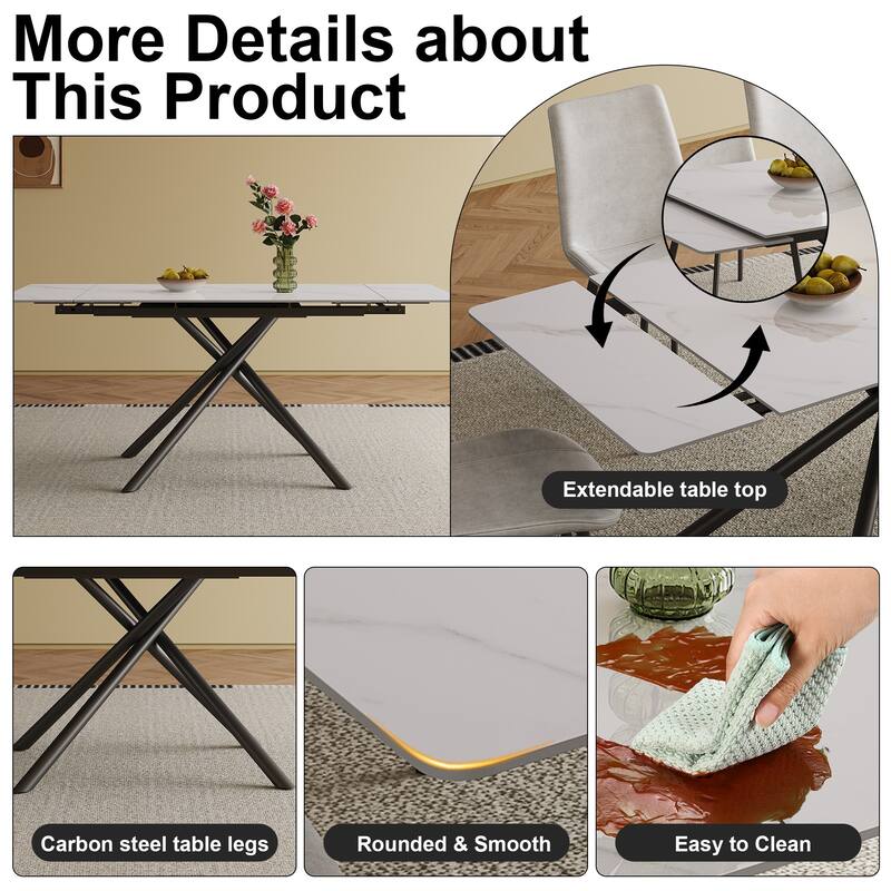 Retractable Sintered Stone Dining Table Set,steel table legs and a cross-leg structure at the bottom(Table + 8 Chairs)