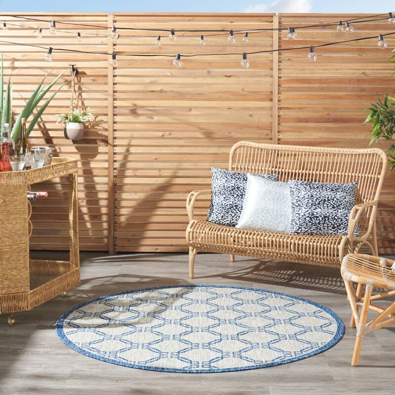 Nourison Garden Party Geometric Casual Indoor/Outdoor Area Rug - 5'3" Round - Ivory/Blue