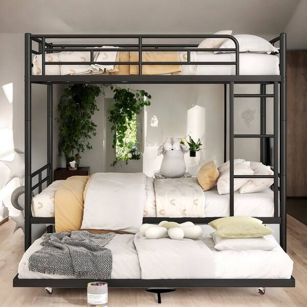 slide 2 of 27, Industrial Modern Full Over Full Metal Bunk Bed with Trundle, Black Black