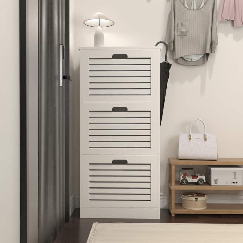 Wooden Shoe Cabinet for Entryway, White Shoe Storage Cabinet with 3 Flip Doors