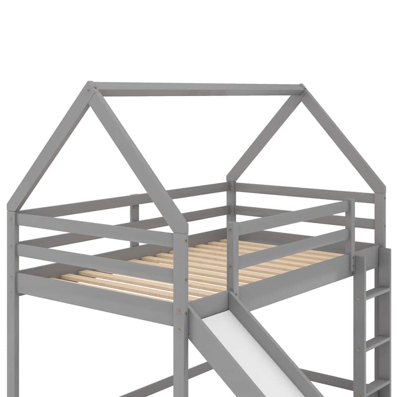 Twin Over Twin Bunk Bed with Slide House Shaped Bedframe w/Ladder
