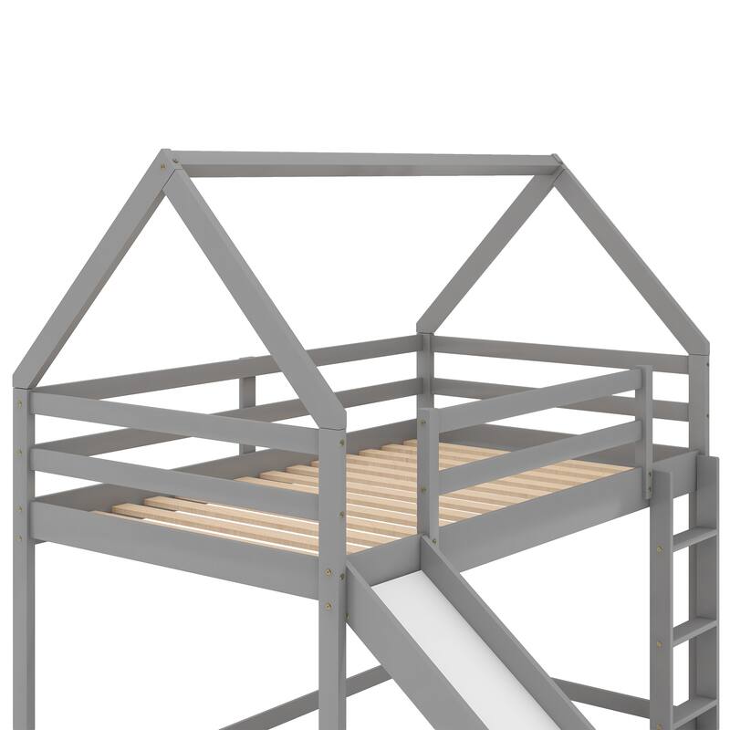 Twin Pine House Bunk Bed with Slide and Guardrails