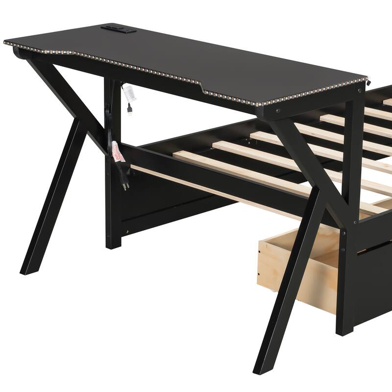 Roomfitters Twin/Full Wooden Gaming Platform Bed with LED Headboard, Desk and Drawers, Black